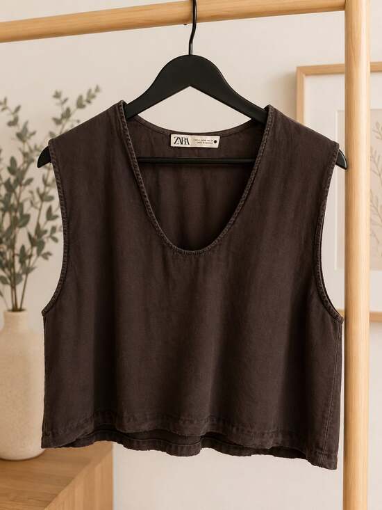 Zara Tops - Zara Black Linen-Blend Sleeveless Crop Top Size M
